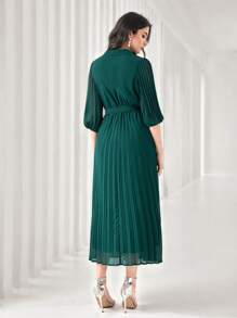 Modelyn Notch Neck Pleated Hem Belted Dress - Dark Green - View 2