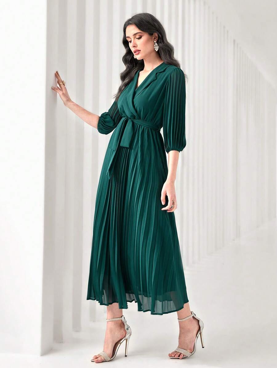 Modelyn Notch Neck Pleated Hem Belted Dress - Dark Green - View 1