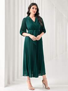 Modelyn Notch Neck Pleated Hem Belted Dress - Dark Green - View 5