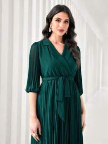 Modelyn Notch Neck Pleated Hem Belted Dress - Dark Green - View 3