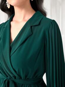 Modelyn Notch Neck Pleated Hem Belted Dress - Dark Green - View 6