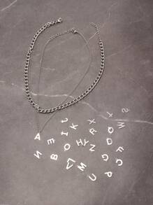 2入組/套休閒銀顏色字母吊墜鏈條樣式項鍊套裝適合男士日常裝飾 - 銀色 - 查看 2