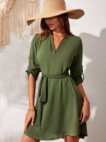 EURMUSE Roll Tab Sleeve Belted Dress - Army Green - View 1