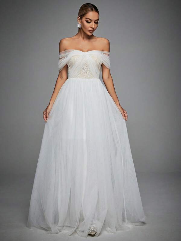 Off Shoulder Contrast Lace Mesh Wedding Dress