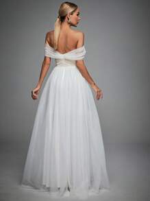 Off Shoulder Contrast Lace Mesh Wedding Dress - White - View 2