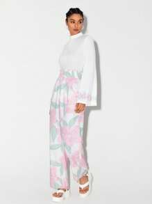 New Little Wings Floral Print Paperbag Waist Wide Leg Trousers - Multicolor - View 1