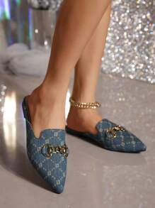 女性幾何樣式鏈條裝飾尖頭時尚戶外織物穆勒平底鞋 - 彩色 - 查看 3