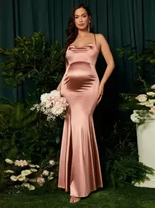 SHEIN 孕婦垂領魚尾裙下擺緞面吊帶洋裝