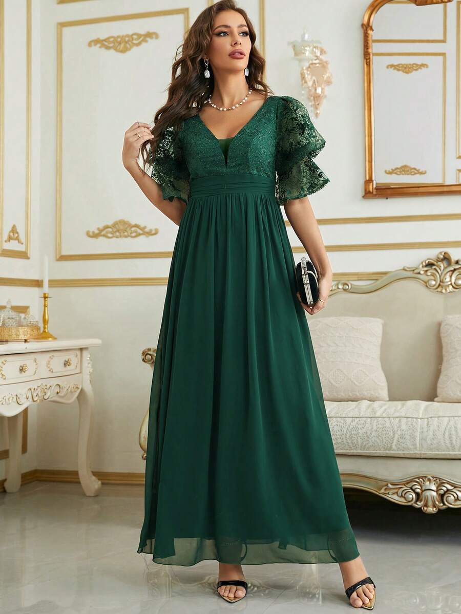 UNITHORSE Contrast Lace Flounce Sleeve Chiffon Bridesmaid Dress - Dark Green - View 1