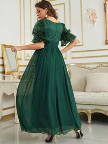 UNITHORSE Contrast Lace Flounce Sleeve Chiffon Bridesmaid Dress - Dark Green - View 2