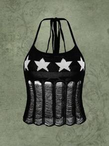 ROMWE Star Pattern Ripped Halter Knit Top - Black - View 1