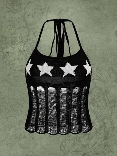 Star Pattern Ripped Halter Knit Top