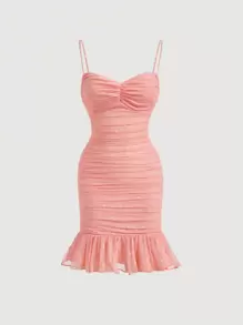 SHEIN MOD Vestido de tirantes bajo con fruncido pecho con fruncido de malla - Rosa coral - Ver 1