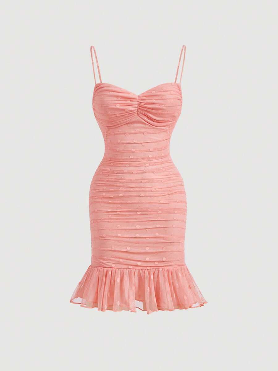 SHEIN MOD Vestido de tirantes bajo con fruncido pecho con fruncido de malla - Rosa coral - Ver 1