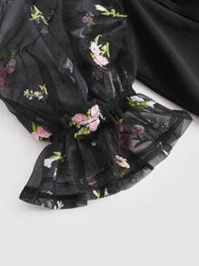 SHEIN MOD Contrast Embroidery Mesh Puff Sleeve Hook And Eye Front Blouse - Black - View 3