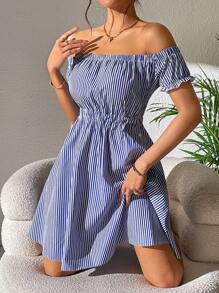 SHEIN Frenchy Striped Off Shoulder Frill Trim Dress - Blue - View 1