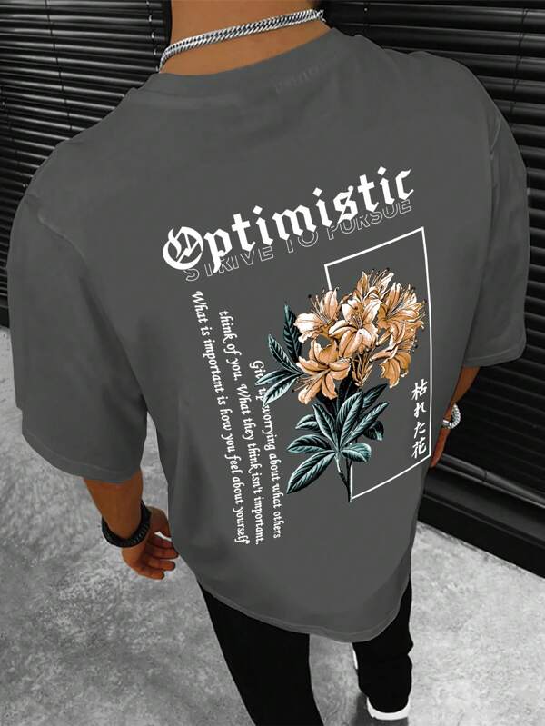 Manfinity LEGND Men Floral & Slogan Graphic Tee, Graphic Tees Streetwear, Graphic Tees Gray, Optimistic Tshirt