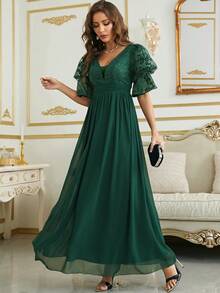 UNITHORSE Contrast Lace Flounce Sleeve Chiffon Bridesmaid Dress - Dark Green - View 6
