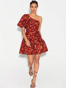 BellasylDesign Allover Floral Print One Shoulder Butterfly Sleeve Ruffle Hem Dress