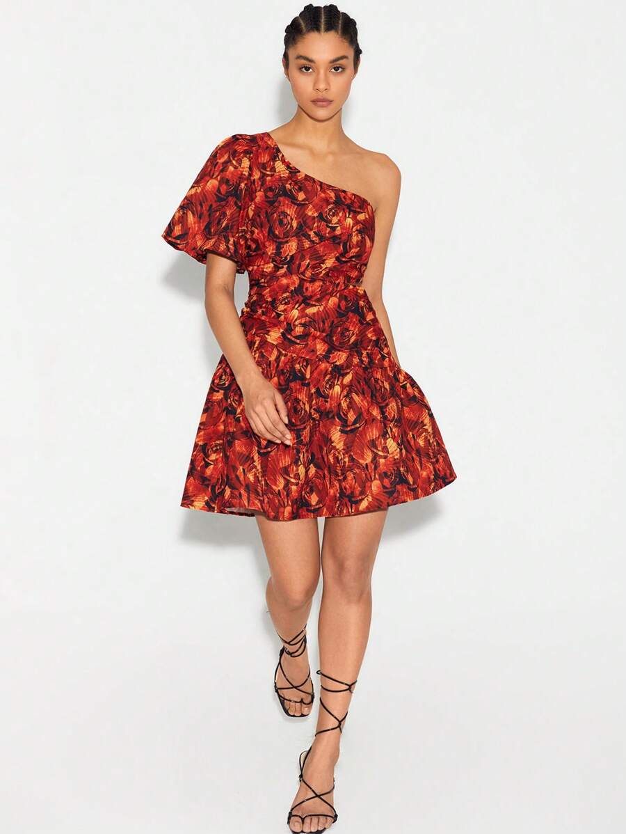 BellasylDesign Allover Floral Print One Shoulder Butterfly Sleeve Ruffle Hem Dress