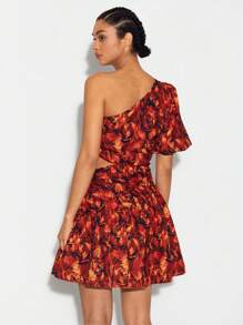 BellasylDesign Allover Floral Print One Shoulder Butterfly Sleeve Ruffle Hem Dress