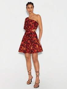BellasylDesign Allover Floral Print One Shoulder Butterfly Sleeve Ruffle Hem Dress