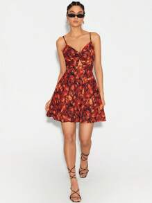 BellasylDesign Designer Floral Print Twist Front Cami Elegant Dress, For Holiday, Vacation