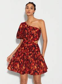 BellasylDesign Allover Floral Print One Shoulder Butterfly Sleeve Ruffle Hem Dress