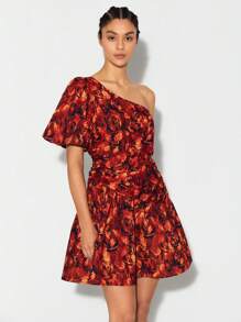 BellasylDesign Allover Floral Print One Shoulder Butterfly Sleeve Ruffle Hem Dress
