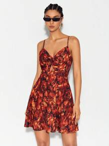 BellasylDesign Designer Floral Print Twist Front Cami Elegant Dress, For Holiday, Vacation