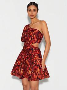 BellasylDesign Allover Floral Print One Shoulder Butterfly Sleeve Ruffle Hem Dress
