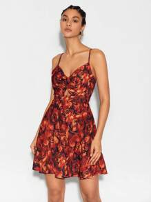 BellasylDesign Designer Floral Print Twist Front Cami Elegant Dress, For Holiday, Vacation