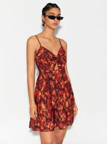 BellasylDesign Designer Floral Print Twist Front Cami Elegant Dress, For Holiday, Vacation