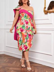 Retro Peaches Plus Tropical Print One Shoulder Dress