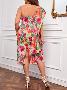 Retro Peaches Plus Tropical Print One Shoulder Dress