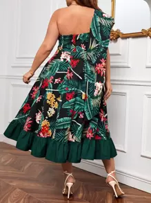 Retro Peaches Đầm Plus Size Xù Viên lá sen Dây kéo Nhiệt đới Boho - Nhiều màu - Xem 2