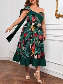 Retro Peaches Đầm Plus Size Xù Viên lá sen Dây kéo Nhiệt đới Boho - Nhiều màu - Xem 4