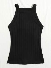 SHEIN EZwear Women Solid Color Wide Strap Simple Ribbed Tank Top, Casual Everyday Wear - Black - View 2