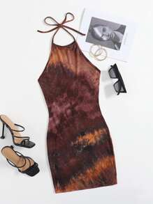 SHEIN EZwear Plus Tie Dye Halter Neck Backless Cami Dress - Multicolor - View 1