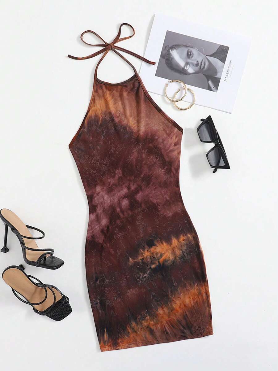 SHEIN EZwear Plus Tie Dye Halter Neck Backless Cami Dress - Multicolor - View 1