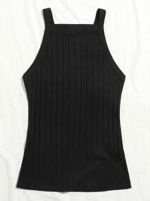 SHEIN EZwear Women Solid Color Wide Strap Simple Ribbed Tank Top, Casual Everyday Wear - Black - View 5