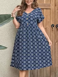 EMERY ROSE Plus Size Women's Summer Blue Denim Effect Dress - Blue and White - View 1