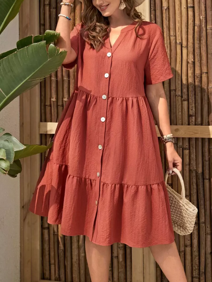 EMERY ROSE 大碼前紐扣荷葉邊娃娃裙 - 亮橙色 - 查看 1