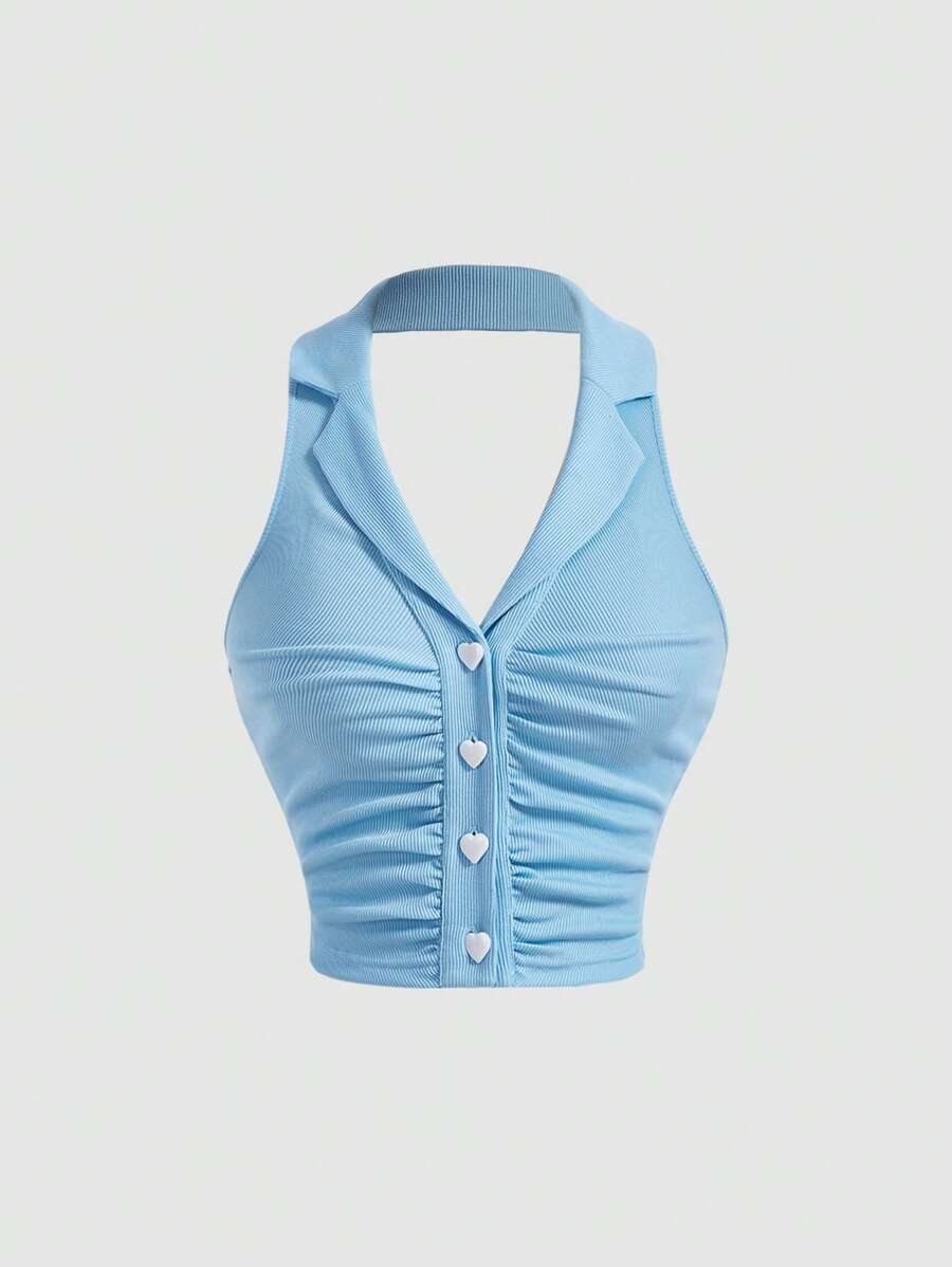 SHEIN MOD Áo khoác và áo lót dành cho xe tăng nữ Xù Nút phía trước Lộ Lưng màu trơn Giải trí - Màu xanh nhạt - Xem 1