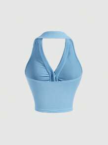 SHEIN MOD Áo khoác và áo lót dành cho xe tăng nữ Xù Nút phía trước Lộ Lưng màu trơn Giải trí - Màu xanh nhạt - Xem 2