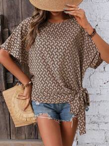 SHEIN LUNE 滿版印花蝙蝠袖側打結襯衫 - 彩色 - 查看 5