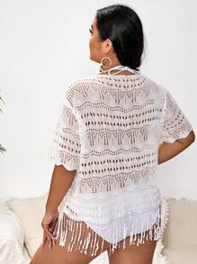 SHEIN Swim Curve Plus Hollow Out Fringe Hem Kimono - White - View 2