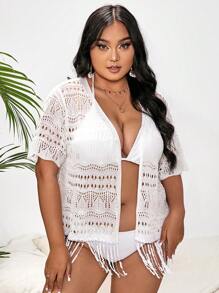 SHEIN Swim Curve Plus Hollow Out Fringe Hem Kimono - White - View 3