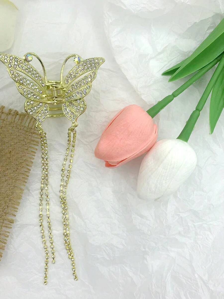 Rhinestone Bướm & Hoa Trang Trí Tóc Vuốt - Vàng - Xem 1