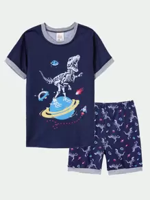 Boys Dinosaur Skeleton Print Contrast Trim Snug Fit PJ Set - Navy Blue - View 1